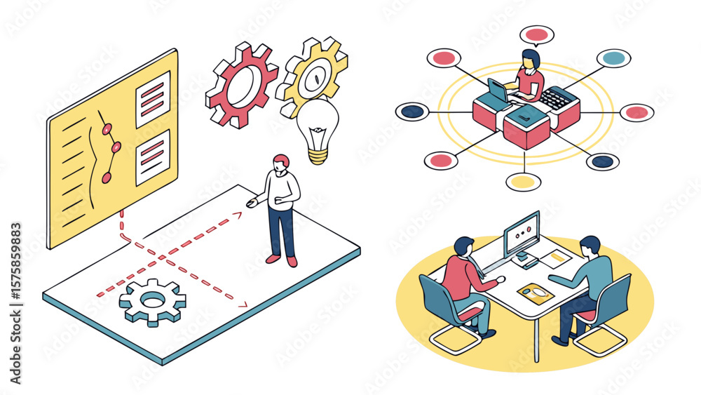 Poster a diverse group of professionals collaborate on a tech project, using tools and visuals to enhance p