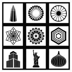 Fototapeta premium Collection of Black Silhouette Icons Featuring Geometric Patterns and Landmarks white