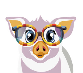 Piglet wearing glasses in a modern colorful vector illustration style, transparent background