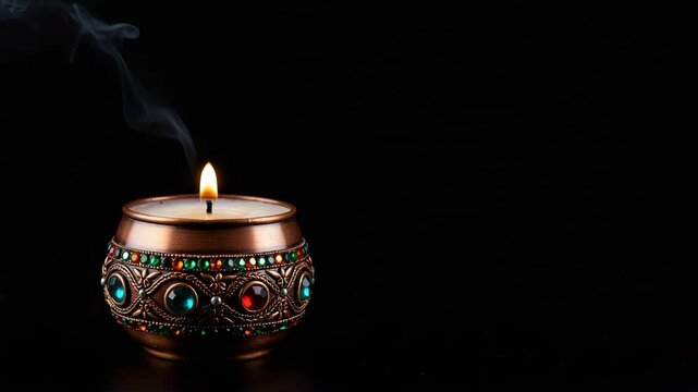 Exquisite jeweled candle bowl, serene mood, emitting smoke against a black background with copy space.