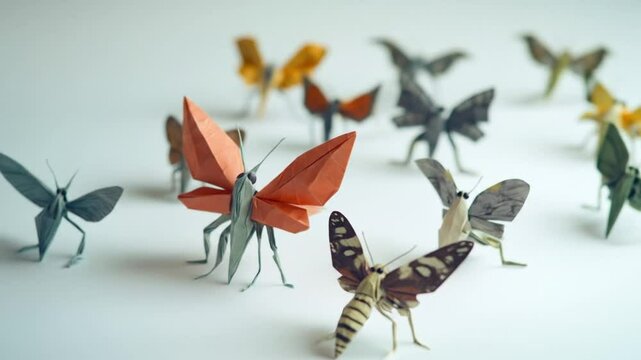Origami insect squadron poised upon pristine surface