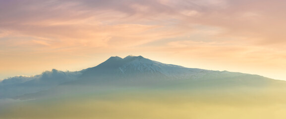 highland mountain landscape of beautiful sunset or sunrise with nice mountain peaks and slopes,...