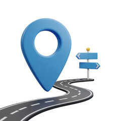 A large blue map pin stands prominently on a winding road, with a directional signpost indicating choices on a clean transparent background