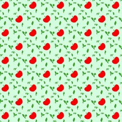 Cute Red Apple and Green Leaf Seamless Pattern on Light Green Background.