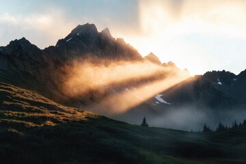 Fototapeta premium Serene morning hike north cascades national park nature photography majestic mountains sunlight rays tranquil atmosphere for outdoor enthusiasts