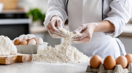 Person in White Shirt Skillfully Making Fresh Dough for Baking Delicious Bread