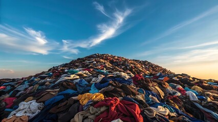 Vast mountain of discarded colorful clothing piled high under a vast blue sky with wispy clouds