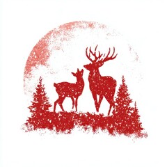 Deer silhouettes stand amidst trees against a glowing moon in a striking red artwork featuring nature's beauty