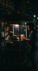 Night Street Food Vendor: A Tranquil Evening Scene in Southeast Asia