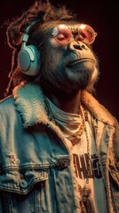 Majestic gorilla wearing sunglasses and headphones enjoys music in a stylish denim jacket with a confident pose