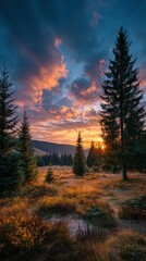 Vibrant sunset over a serene forest landscape with towering trees and blooming wildflowers in the early evening