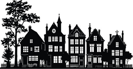Black-and-White Vector Illustration of Neighborhood House Row with Tree – 1-Scene Urban Residential Silhouette