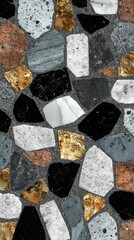 Contemporary terrazzo surface featuring a mix of colorful stones and textures in abstract arrangement