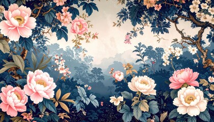 Floral forest scene with soft colors