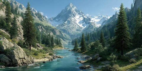 Majestic mountain landscape with river flowing through lush forest under a clear blue sky