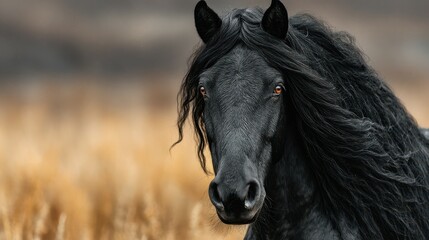 Majestic black horse gazing in a golden field during a calm autumn day