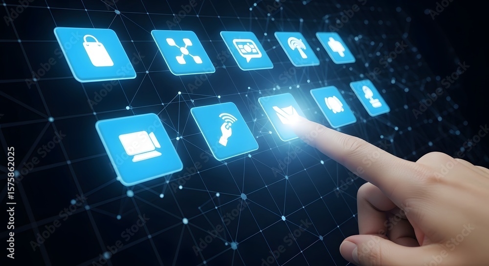 Poster digital interface: finger touching glowing app icons on dark background.