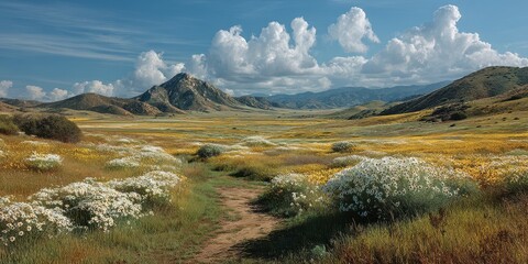 Vibrant wildflower meadow in a sunny landscape with rolling hills and dramatic clouds in the background