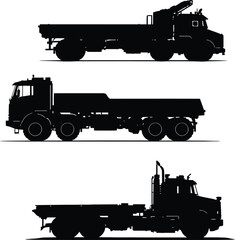 Black-and-White Vector Illustration of Heavy-Duty Trucks &ndash; 3-Item Industrial Vehicle Silhouette Set