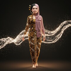 Digital Art: A Woman in Traditional Indonesian Attire Walking Through a Sparkling Water Cascade