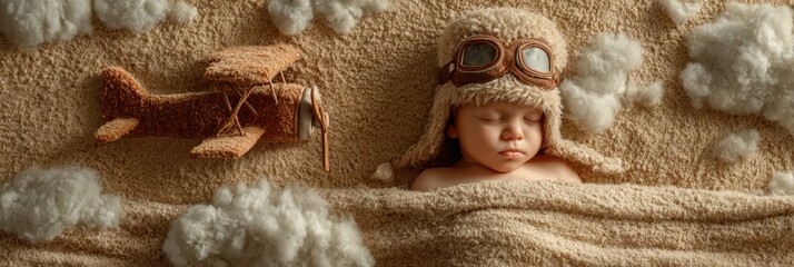 Dreaming of flight, a baby resting on a soft cloud-like surface with a toy plane nearby