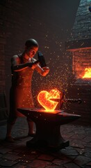 A Blacksmith Forges a Fiery Heart Pierced by a Sword in a Dark Forge