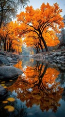 Beautiful autumn landscape with orange trees reflecting in calm river at dusk