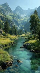 Lush valley with a crystal-clear river flowing through mountains and forests on a bright sunny day