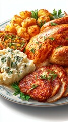 Delicious roast chicken plated with herb mashed potatoes, crispy potatoes, and savory stuffing in a warm dining setting