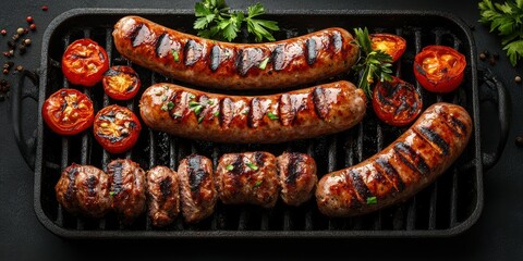 Grilled sausages and tomatoes on barbecue for a delicious outdoor meal experience
