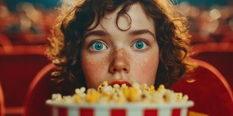 Excitement fills a child's face while enjoying popcorn at a movie theater during a weekend evening show