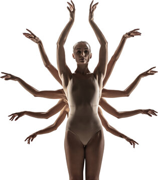 Fototapeta Ballet dancer with multiple graceful arms in elegant symmetrical motion. Concept of dance expression, identity, creativity, emotion, and visual harmony in movement art.