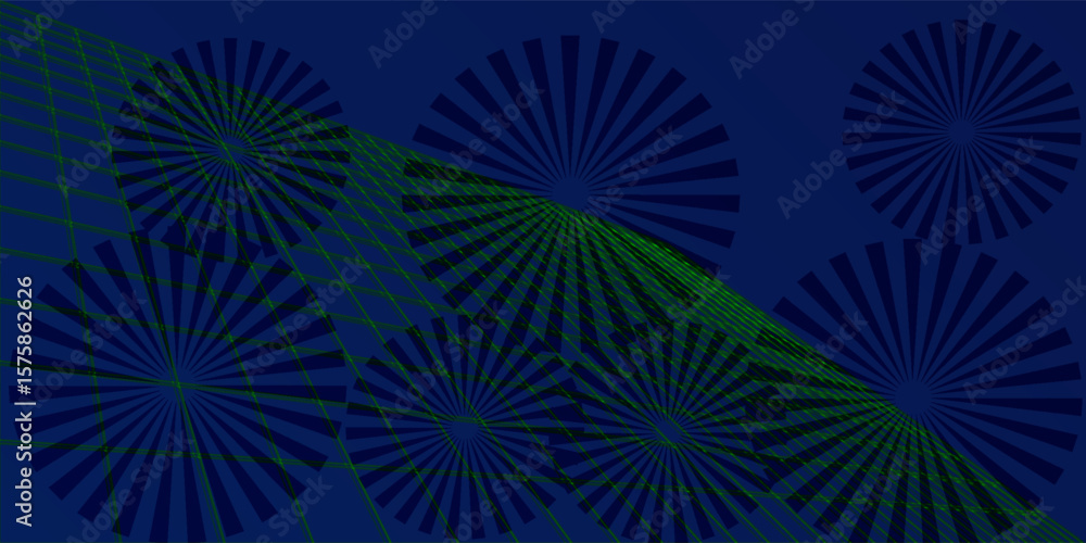 Poster abstract geometric background with radial sunburst patterns and green grid lines on a dark blue back
