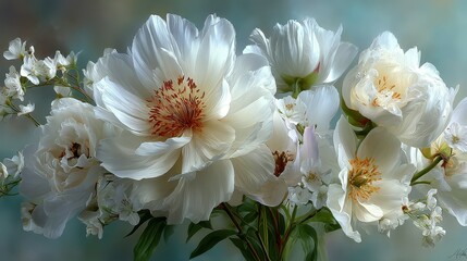White peonies and blossoms arranged beautifully in a soft blue background setting showcasing delicate floral artistry