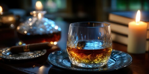 Elegant glass of whisky resting on a silver plate beside a lit candle in a cozy setting during the evening