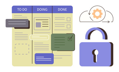 Kanban board with To Do, Doing, Done sections, task cards, cloud gear icon, and lock. Ideal for teamwork, organization, productivity task tracking workflow control security simple flat metaphor © robu_s