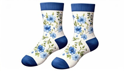 Floral pattern socks, light blue flowers on white
