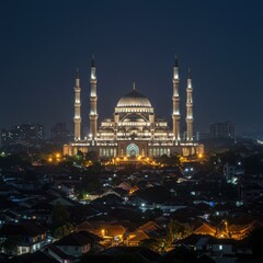 Magnificent Night View of the Great Al Jabbar Mosque in Bandung, Indonesia