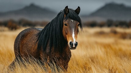 Wild horse standing in a grassy field with mountains in the background during an overcast day