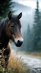 Majestic horse gazing through tall grass in a misty forest at dawn