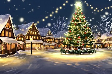 Enchanting Christmas Village Scene with a Decorated Tree and Twinkling Lights