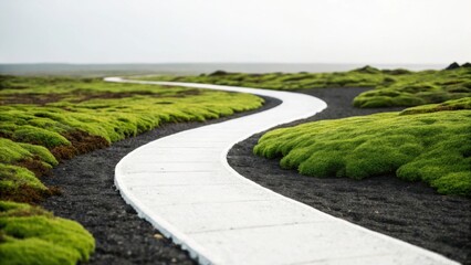 Obraz premium Curving white pathway through vibrant green mossy landscape under a soft sky