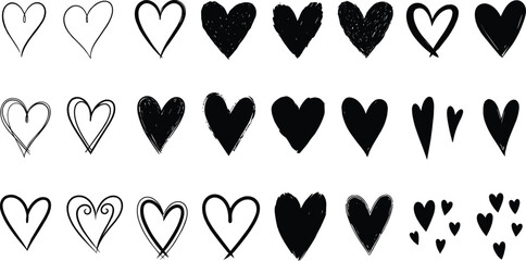 Hand drawn linear hearts set. Various brush, chalk, marker, ink drawn heart shapes. Artistic lines, outlines. Valentine's day uneven, textured edge doodle templates.
