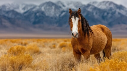 Wild horse stands gracefully in a sunlit yellow grass field with mountains in the background during autumn