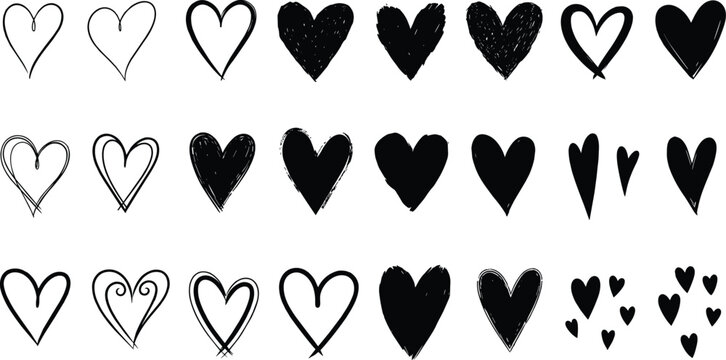 Hand drawn linear hearts set. Various brush, chalk, marker, ink drawn heart shapes. Artistic lines, outlines. Valentine's day uneven, textured edge doodle templates.