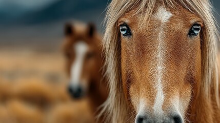 Close-up of a horse's striking features in a serene rural landscape during golden hour