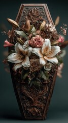Floral arrangement in ornate wooden coffin showcasing elegance and natural beauty