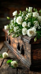 Decorative floral arrangement with white roses on rustic wooden box in a dimly lit setting