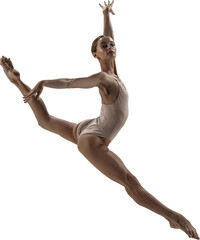 Graceful ballet dancer in full split leap with intense expression and perfect body tension. Concept...