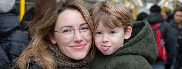 Close-up shot of a woman with glasses and her son, both smiling brightly in natural light, captured at home in a warm setting
